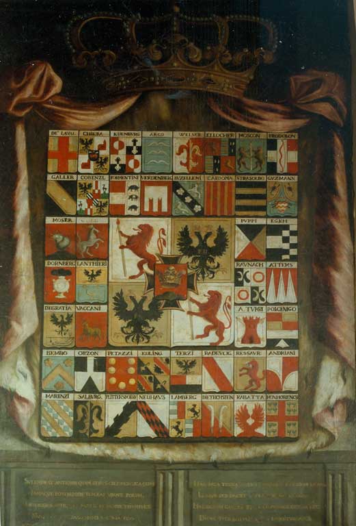 Stemma della famiglia comitale Coronini Cronberg circondato dalla armi delle famiglie alleate per matrimonio, olio su tela, post 1770, inv. 3071
