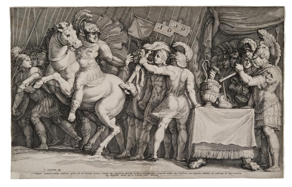Jan Saenredam da Hendrick Goltzius, Marco Furio Camillo arriva a roma per negoziare con i Galli, 1593-1594, bulino, inv. 3640