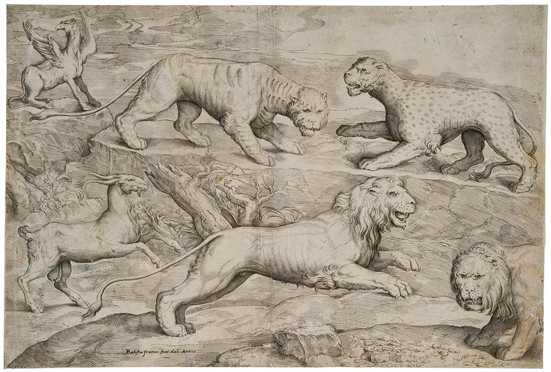 Battista Franco, Sei animali in un paesaggio, 1540 circa, acquaforte e bulino, inv. 3718 
