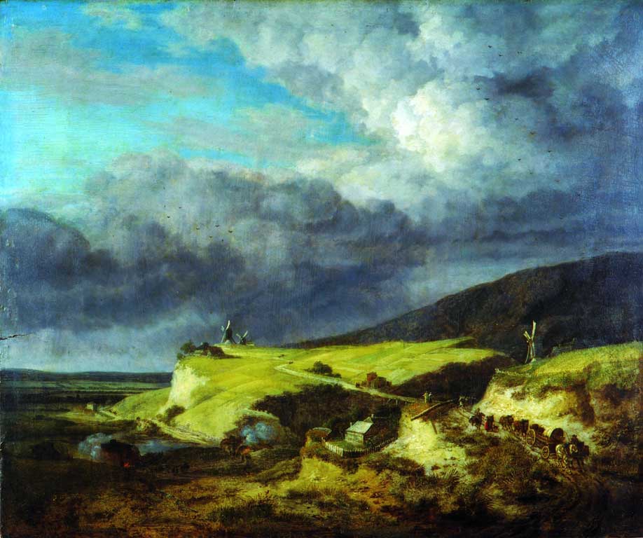 Pittore olandese, Paesaggio con mulini a vento all’avvicinarsi del temporale, olio su tavola, XVII secolo, inv. 850